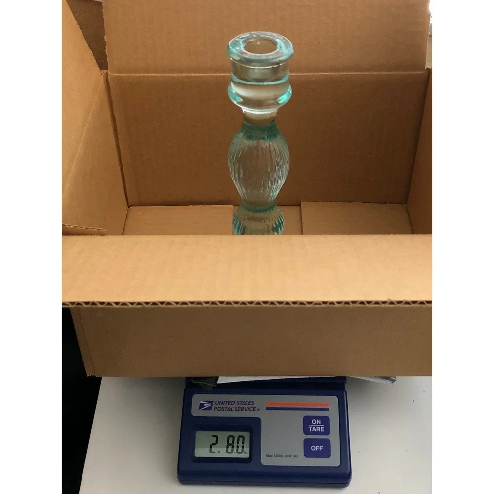 Aqua Blue Ribbed Glass Taper Candlestick Holder Vintage Style 9.75 Inch Coastal